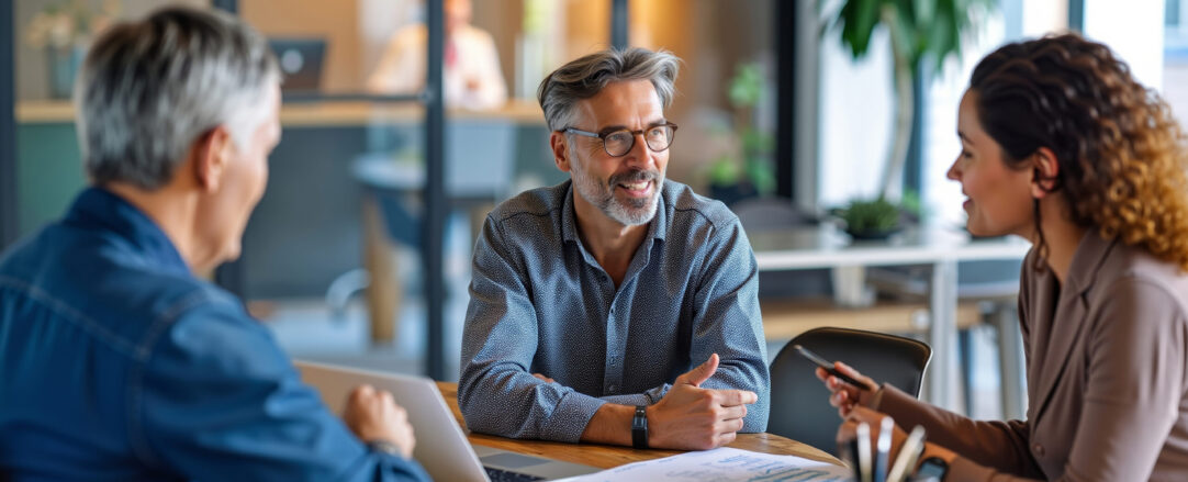A group of people sitting around a table talking to each other